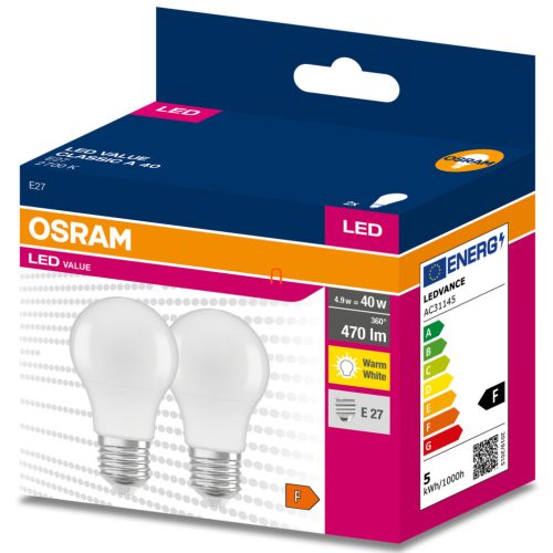 Osram E27 LED Value Classic 4,9W, 470 lm, 2700 K, 40 W izzó helyett (2 darabos)