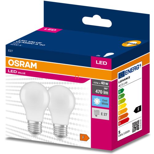 Osram E27 LED Value Classic 4,9W, 470 lm, 4000 K, 40 W izzó helyett (2 darabos)