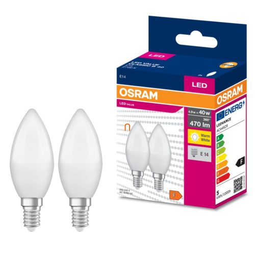 Osram E14 LED Value Classic gyertya 4,9W, 470 lm, 2700 K, 40 W izzó helyett (2 darabos)