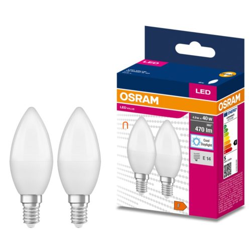 Osram E14 LED Value Classic gyertya fényforrás 4,9W, 470 lm, 6500 K, 40 W izzó helyett (2 darabos)