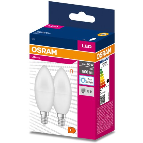 Osram E14 LED Value Classic gyertya fényforrás 7W, 806 lm, 6500 K, 60 W izzó helyett (2 darabos)