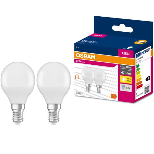 Osram E14 LED Value Classic kisgömb 4,9W, 470 lm, 2700 K, 40 W izzó helyett (2 darabos)