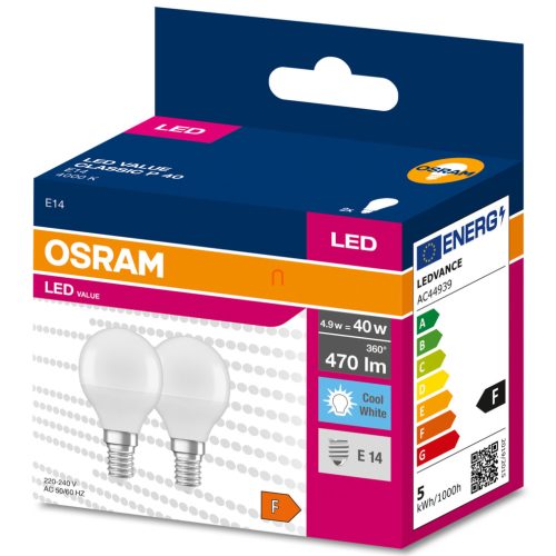 Osram E14 LED Value Classic kisgömb 4,9W, 470 lm, 4000 K, 40 W izzó helyett (2 darabos)