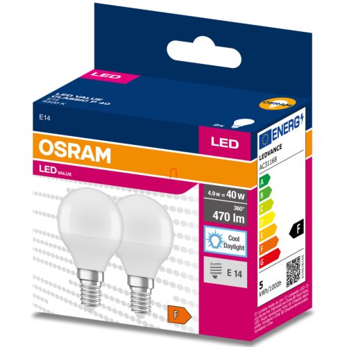 Osram E27 LED Value Classic kisgömb 4,9W, 470 lm, 6500 K, 40 W izzó helyett (2 darabos)