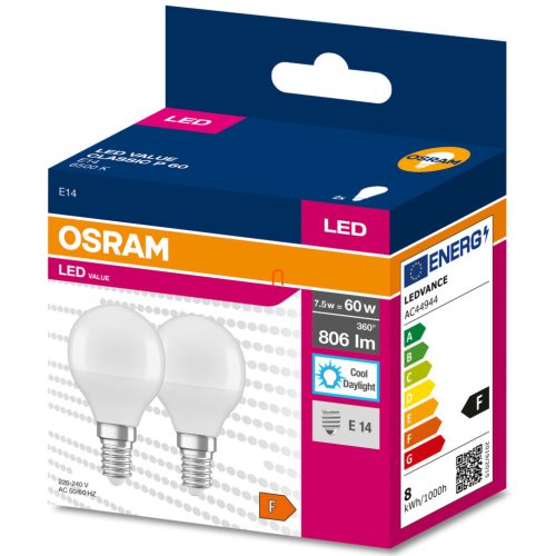 Osram E14 LED Value Classic 7W, 806 lm, 6500 K, 60 W izzó helyett (2 darabos)