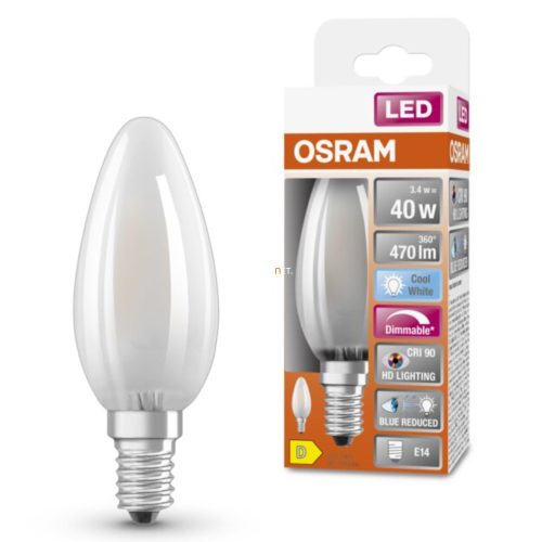 Osram E14 LED SStar+ gyertya 3,4W 470lm 4000K hidegfehér, szabályozható 300° opál - 40W izzó helyett