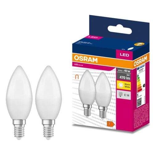 Osram E27 LED Value Classic gyertya fényforrás 4,9W, 470 lm, 3000 K, 40 W izzó helyett (2 darabos)