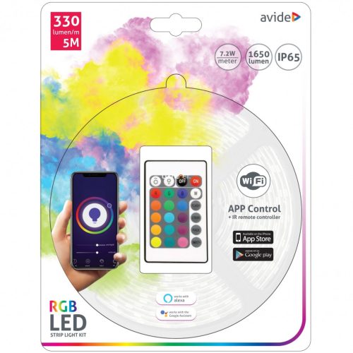 Avide kültéri-beltéri LED szalag WIFI Tuya 7,2W/m, színes RGB IP65 5m, távirányítóval