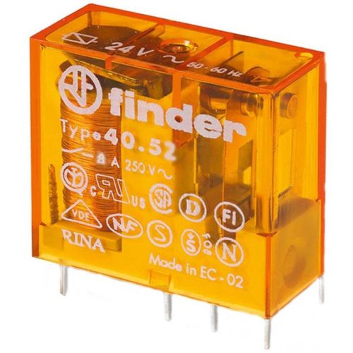 Finder relé 2CO(váltó) 8A 12V AC, 5mm lábkiosztás, NYÁK-ba vagy foglalatba 40.52.8.012