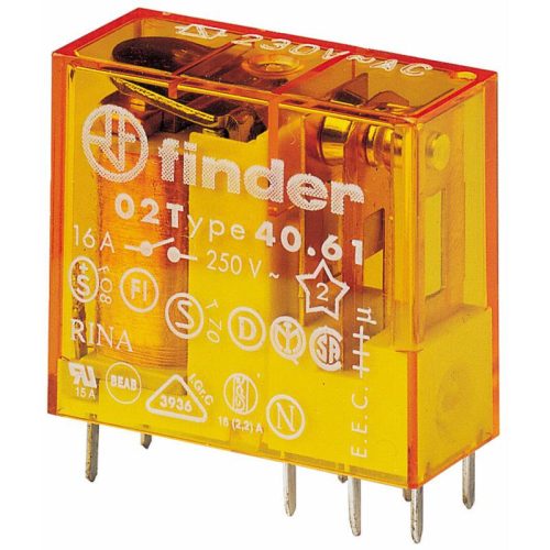 Finder miniatűr print/dugaszolható relé 1CO(váltó) 16A 230V AC, 5mm lábkiosztás 40.61.8.230