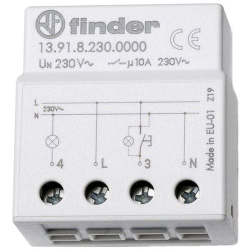 Finder elektronikus impulzusrelé, mélyített készülékdobozba szerelhető, 1 záróérintkező 10 A, tápfeszültség: 230 V AC 13.91.8.230.0000