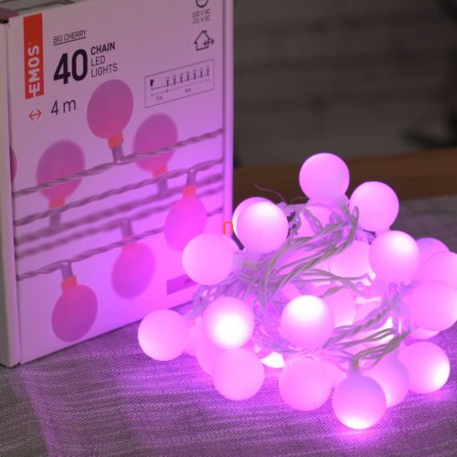 Karácsonyi kültéri/beltéri mini gömb fényfüzér időzítővel, 2,5 cm, 4 m, rózsaszín, 40 LED, adapterrel