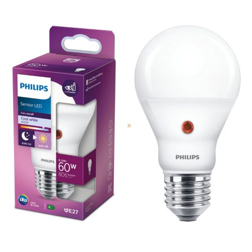 Philips E27 LED 6,5W 806lm 4000K hidegfehér, auto on/off fényérzékelővel - 60W izzó helyett