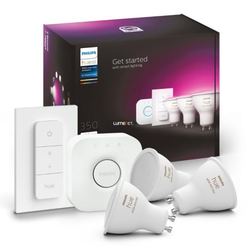 Philips Hue White and Color Ambiance 4,3W GU10 LED fényforrás 3db/csomag + Hue Bridge + DIM Switch