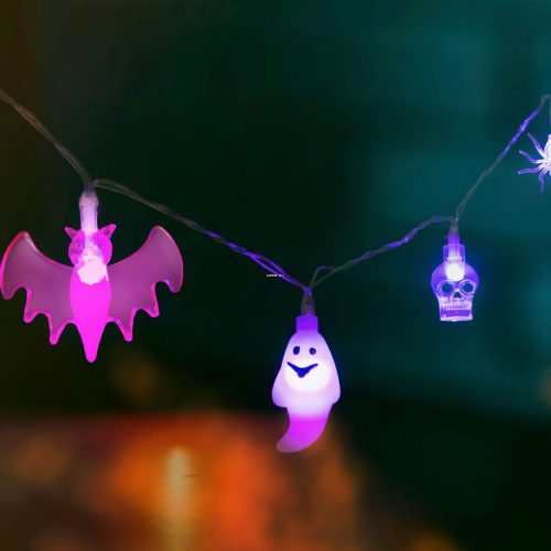 Halloween-i LED-es fényfüzér - 4 féle forma - 10 lila LED - 2 x AA - 1,35 m