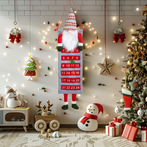 Fali adventi naptár - 3D skandináv manóval - textil - 100x28cm