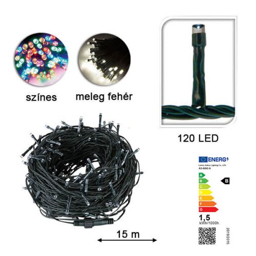 LED fényfüzér 120 LED-es, melegfehér